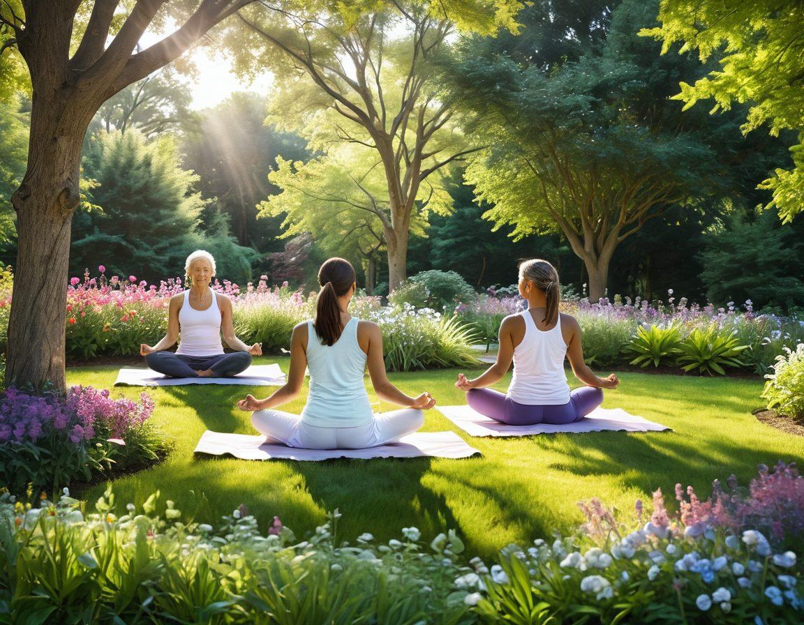 A serene landscape featuring a vibrant garden with blooming flowers, symbolizing renewal and hope. In the foreground, a diverse group of cancer survivors engaged in various wellness activities such as yoga, meditation, and gardening, radiating joy and strength. Bright sunlight filters through the trees, conveying warmth and positivity. Soft pastel colors dominate the scene, creating a peaceful and uplifting atmosphere. super-realistic. vibrant colors.