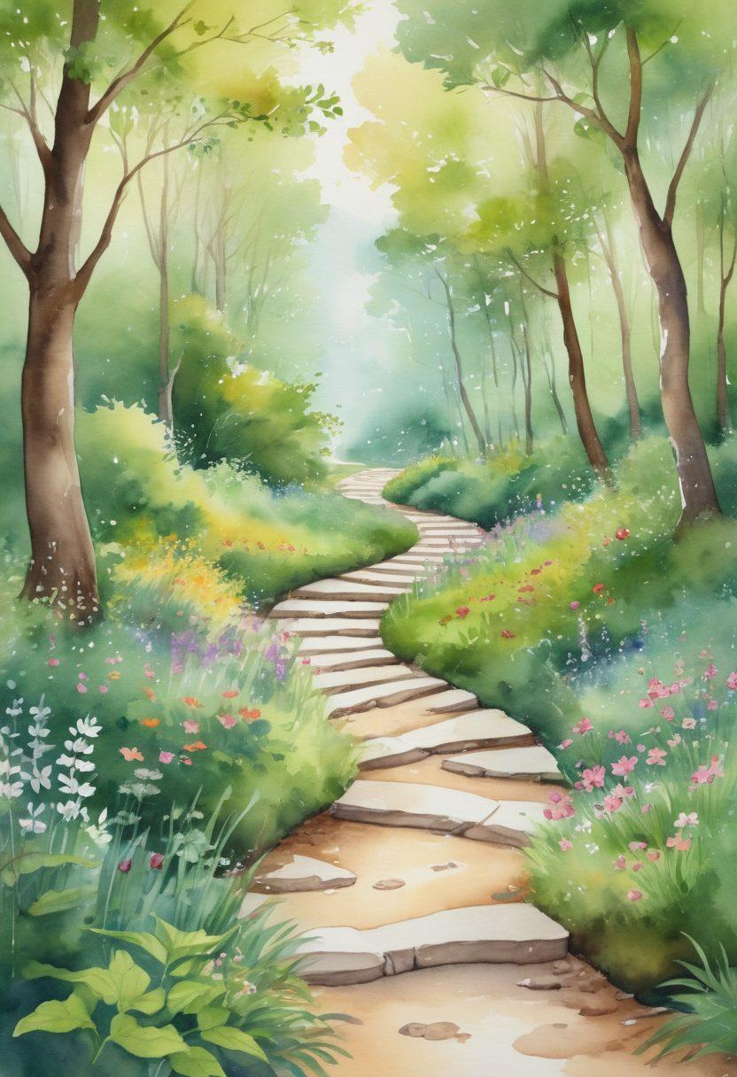 A serene landscape depicting a winding path through a lush forest symbolizing a journey, with diverse individuals engaging in wellness activities like yoga and meditation along the way. Include elements of nature like blooming flowers and a gentle stream, illustrating harmony and healing. The atmosphere should convey hope and empowerment. soft colors. watercolor style.