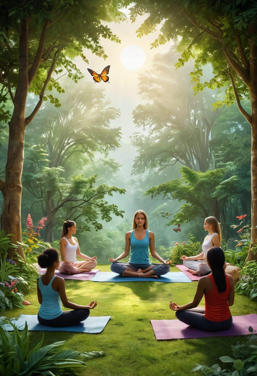 A serene and inviting landscape featuring a diverse group of individuals engaging in various holistic health practices, such as yoga, meditation, and herbal remedies, surrounded by lush greenery and soft light. Include symbols of support, like butterfly motifs and intertwined hands, to represent community and healing. Evoke a sense of hope and tranquility with gentle color gradients in the sky. super-realistic. vibrant colors. 3D.